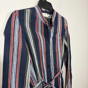 NWT Adriano Goldschmied Navy Multi Stripe Button Down Linen Shirt Dress Women XS thumbnail 2