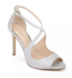 Jewel Badgley Jonna Mischka White Shimmer Sparkle Ankle Crisscross Heel Peep Toe thumbnail 1