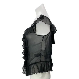 NEW Lioness Timeless Ruffle Black Sheer Mesh Scoop Neck Ruffle Blouse Top Sz L thumbnail 2