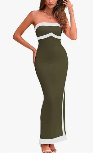 PRETTYGARDEN NEW Olive Green Bodycon Strapless Slit Cocktail Party Tube Maxi Dress S thumbnail 3