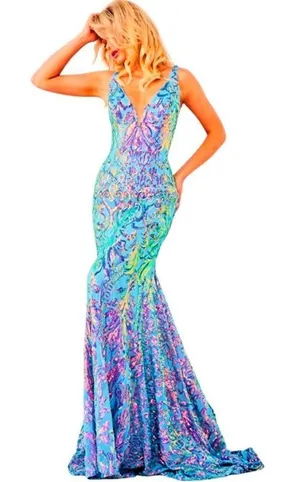 Jovani Sequin Gown Irridescent Blue 08099 Size 2 NWT thumbnail 1
