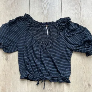 Free People Dorothy Cropped Top Peasant Style Black Blue Navy Stripe Size XS thumbnail 9