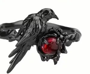 Women’s Stainless Steel Black Crow Goth Style Adjustable Ring Size 6-9 thumbnail 1