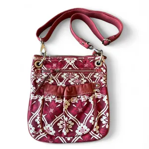 Fossil‎ Red Floral Canvas Leather Trim Crossbody Bag Small Messenger Purse thumbnail 2