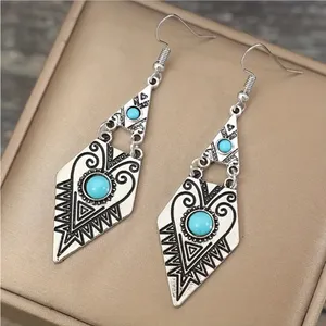 Carved Geometric Shape With Turquoise Decor Dangle Earrings Retro Bohemian Style thumbnail 10