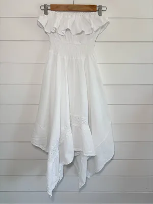 SEASPICE White Off-Shoulder Ruffle Sundress Peruvian‎ Cotton Handkerchief Hem M thumbnail 6