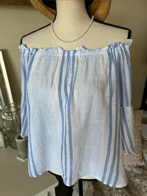 Girl krazy 100% cotton off shoulder coastal Beach boho stripe white blue top M thumbnail 2