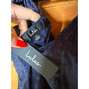 NWT Lulus Blissful Direction Navy Tie-Strap Clip Dot Bustier Midi Dress Gala M thumbnail 7