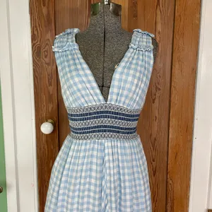 💥ALLEN SCHWARTZ Delilah Blue Gingham Smocked Waist Knee Length Dress XS💛 thumbnail 7