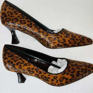 Brown Leopard Print Sequins Heels with Sculptural Curved Heel thumbnail 8