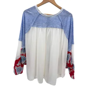 Kori America Colorblock Boho Top Blue‎ White Floral Patchwork Sleeves L thumbnail 6