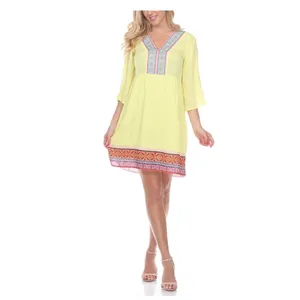White Mark Yellow Embroidered Tunic Dress L Boho Kimono Sleeve Beach Coverup thumbnail 12