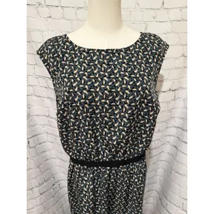 LOFT Black/green/cream Leaf Floral Print Grosgrain Waist Dress Size Large thumbnail 2