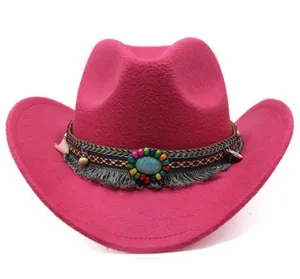 Pink Western Cowboy, Cowgirl Hat, Bead‎ Tassle Strap, Men Women Retro Wide Brim thumbnail 1