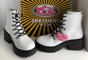 Skechers White Lace-Up Platform Lug Boots with Black Sole thumbnail 1