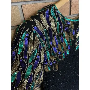 VTG 80s Stenay Women Black Silk Sequin Bead Cocktail Party Dress Sz 10 P Evening thumbnail 2
