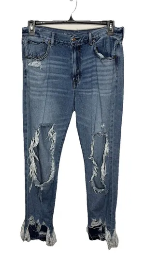 American Eagle Hi-Rise Girlfriend Jeans Destroyed Crop Cotton Denim Blue Size 12 thumbnail 1