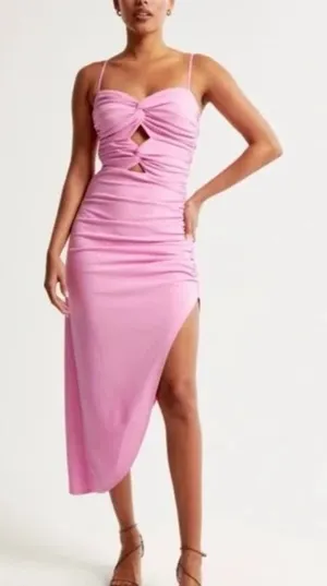 Abercrombie & Fitch Lilac Pink Asymmetrical Ruched Cut Out Midi Dress Size S thumbnail 1