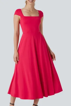 Halara Scoop Neck Midi Dress Size Large Red Cap Sleeve Flowy Casual Pockets thumbnail 1