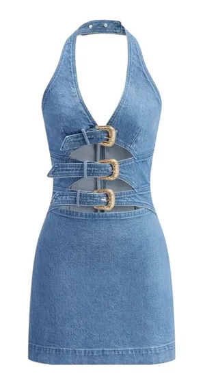COMMENSE Halter Neck Buckle Detail Denim Dress COLOR - Blue, NWT Large thumbnail 1