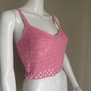Crotchet Lace Up Boho Festival Summer Sleeveless Crop Top Pink NWT thumbnail 1