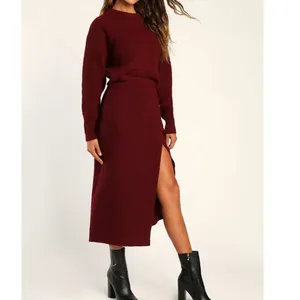 NEW Lulus Autumn Sweetheart Burgundy Waffle Knit Two-Piece Sweater Dress Medium thumbnail 2