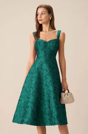 RIHOAS Green Sweetheart Neck Jacquard Midi Dress XS thumbnail 1