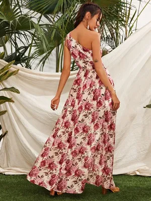 SHEIN One Shoulder Pink Floral Maxi Dress Size Medium thumbnail 2