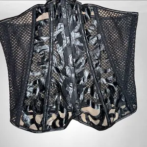 Black ornate leatherette design vintage steam punk style corset with mesh back thumbnail 9