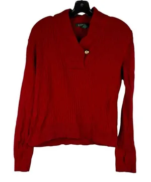 Lauren Ralph Lauren Red Ribbed Sweater Shawl Collar Gold Button Medium thumbnail 1