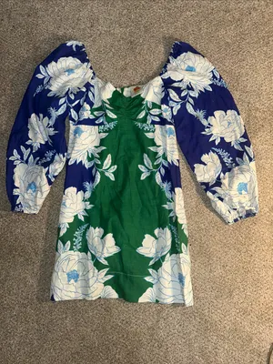 Farm Rio Soft Linen Green & Blue Floral Long-Sleeve Mini Dress thumbnail 3