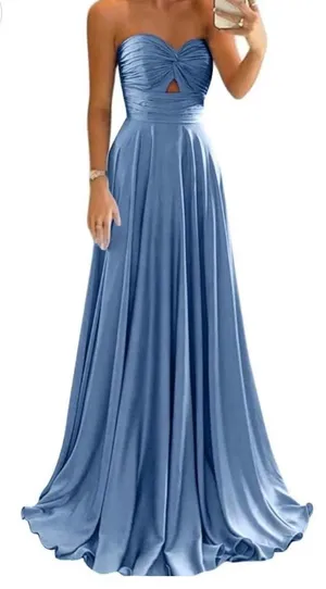 Blue satin strapless dress Size 6 thumbnail 1