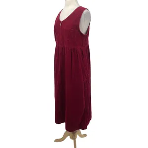 Vintage 90s Corduroy Zipper Front Cotton Maxi Dress Maroon Red Womens Large thumbnail 5