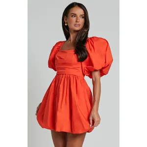 Showpo Tamara Puff Sleeve Mini Dress - NWOT Ruched Cotton Orange Dress US 8 thumbnail 2