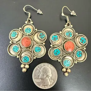 Vintage Silver-tone Turquoise & Coral Tibetan Style Flower Dangle Earrings 22g. thumbnail 7