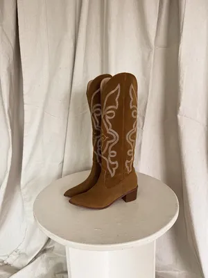 Chase and Chloe Suede Western Knee-High Boots in Brown thumbnail 4