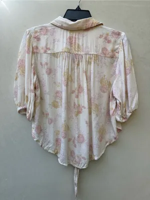 Free People Celia Printed Floral Blouse Ivory Pink Tie Front Puff Sleeve S thumbnail 3
