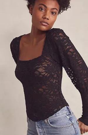 Free People Intimately Yours Long Distance Layering Black Lace Square-Neck Top thumbnail 1