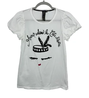 Forever 21 Y2K White Graphic Tee with Puff Sleeves French Dancer Beaded Size Medium thumbnail 1