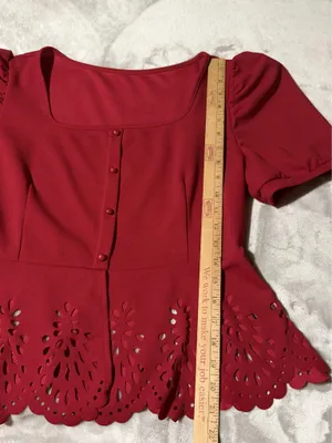 SHEIN Blouse Red Laser Cut Peplum Puff Sleeve Button Front XL Women thumbnail 6