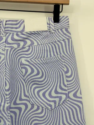 SHEKOU Psychedelic Swirl Wide Leg Jeans Medium‎ Purple Blue Y2K Satin thumbnail 7
