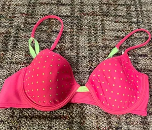 Pink polka dot bra with green accents #bra #summer thumbnail 1