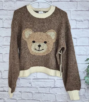 Luna Ivy Teddy Bear Graphic Sweater NWT M Brown Knit Crewneck Cropped Preppy thumbnail 1