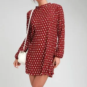 Lulus Pleat to Meet You Wine Red Polka Dot Long Sleeve Shift Dress LARGE‎ thumbnail 2