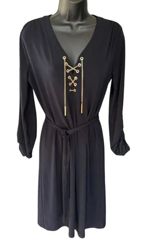 Michael Kors Belted‎ Mini Dress with Gold Chain Sz S Navy Blue thumbnail 1
