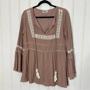 Show Me Your Mumu Romina Tunic Dress Mauve Boho Bell Sleeve Pom Pom Small 845 thumbnail 10