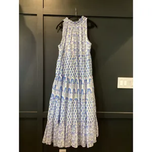 Calypso St Barth Daria Dress M Blue White Block Print Floral Cotton Resort Maxi thumbnail 2