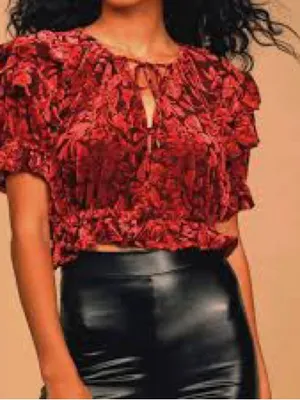 Free People Red Floral Ruffle Crop Top thumbnail 1