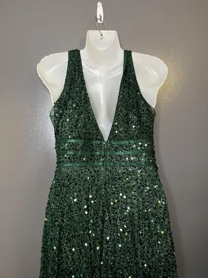 FAERIESTY Dress Womens Medium Green Sequin V-Neck Fit & Flare Maxi Formal Gown thumbnail 9