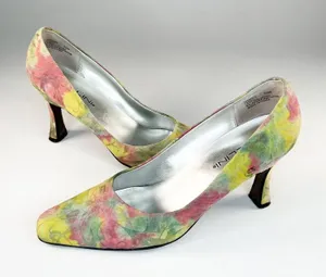 Bellini Tamesis Embossed Leather Kitten Heels Shoes Floral Yellow Pink Women 7.5 thumbnail 1